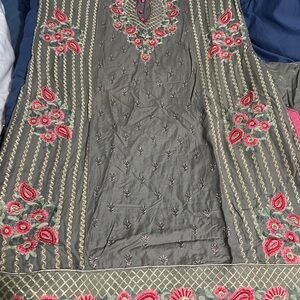 Elegant Gray and pink Embroidered Dress